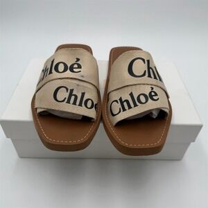 Chloé Woody Slide Sandals Womens Beige Logo Straps Flat Mule Slip-On